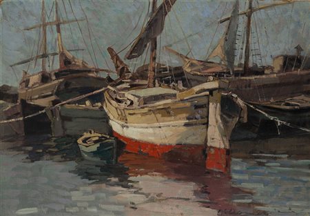 Carlo Domenici (Livorno 1898 - Portoferrario 1981) - "Barche all'alba" 1940...