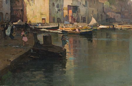 Nicolas De Corsi (Odessa 1882 - Napoli 1956) - "Al porto" olio su tela (cm...