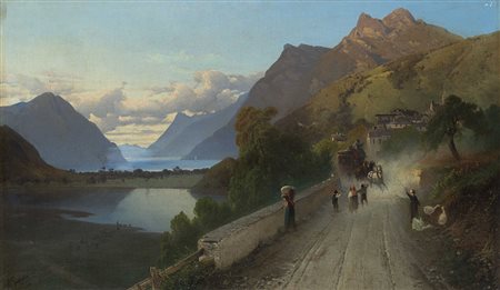 Gaetano Fasanotti (Milano 1831 - 1882) - "Lago di Piona (?)" olio su tela (cm...