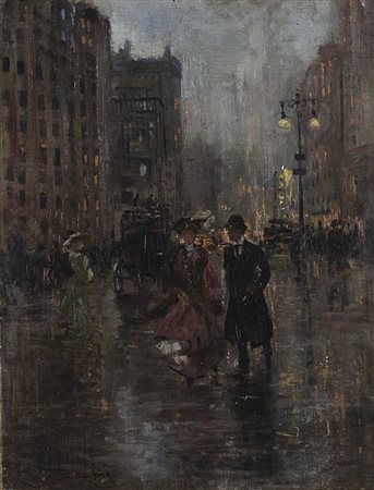 Eugenio Buono (1861 - 1954) - "New York" 1912 olio su tela (cm 38.5x29.5...