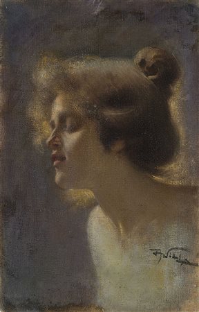 Aleardo Villa (Ravello 1865 - Milano 1906) - "Ritratto femminile" olio su...