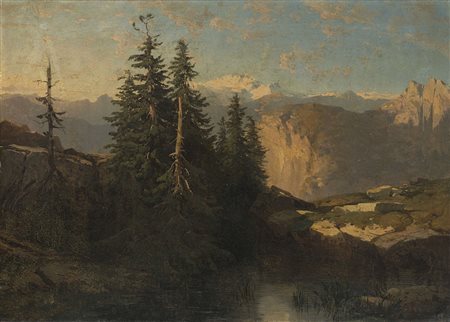 Alessandro Calame (Vevey 1810 - Mentone 1864) - "Laghetto di montagna" olio...