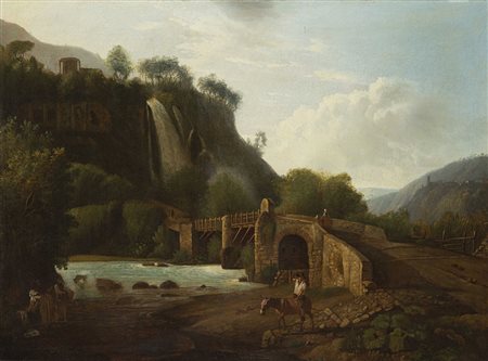 Maestro romano dell'inizio del XIX secolo "Paesaggio con ponte e cascata...