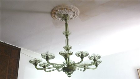 LAMPADARIO IN VETRO SOFFIATO VERDE ACQUA prima metà del XX secolo fusto...