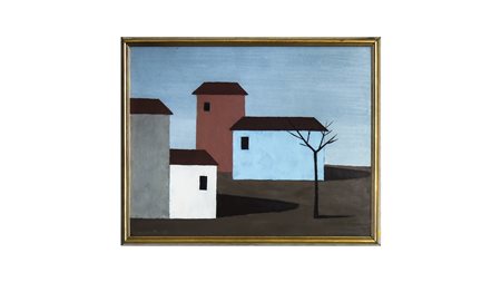 CASE 1965 olio su tela, firmato e datato, in cornice cm 49x64 HOUSES, OIL ON...