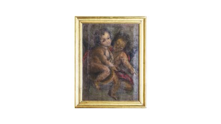 COPPIA DI PUTTI XIX secolo olio su tavoletta, in cornice, difetti cm 54,5x40...