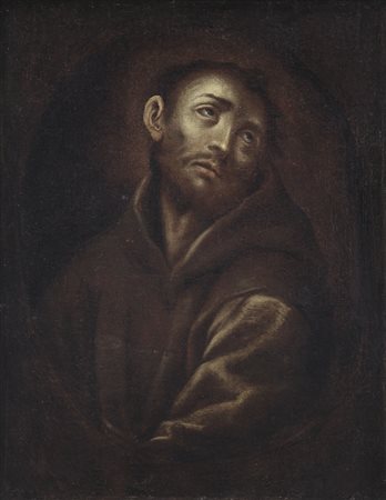 SCUOLA LOMBARDA DEL XVII SECOLO San Francesco Olio su tela, cm 71x58; entro...