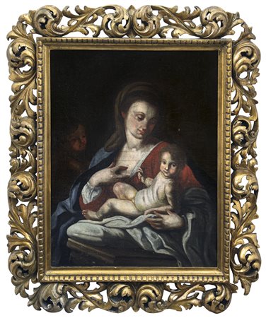 PITTORE DEL XVIII SECOLO Madonna con Bambino e San GiovanninoOlio su tela, cm...