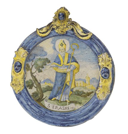 CASTELLI PLACCA IN MAIOLICA, CASTELLI, 1741, circolare con bordi e cimasa a...