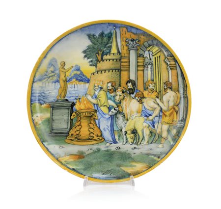 PESARO ALZATA IN MAIOLICA ISTORIATA, PESARO, 1550 CA., AMBITO DEL PITTORE DI...