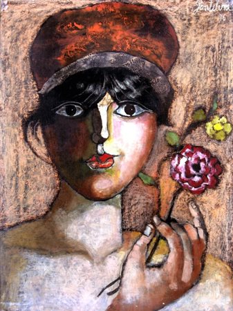 GENTILINI FRANCO (Faenza 1909 - Roma 1981) "Ragazza con fiori" 1976 Olio su...