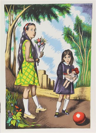 Sciltian Gregorio Due bambine, 1970 litografia su carta, cm. 70x50, es....