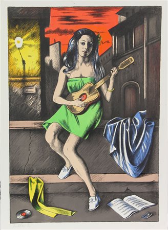 Sciltian Gregorio Ragazza con chitarra, 1970 litografia su carta, cm. 70x50,...