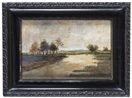 E. Dybisenszky 'Paesaggio fluviale' olio su cartone (cm 15x22,5) firmato e...