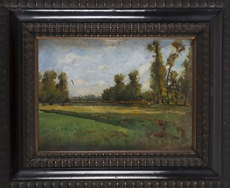 Firma indecifrata “Scorcio di campagna” olio su tavola (cm 23,5x32) firmato e...