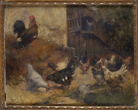 Firma indecifrata 'Galli e galline in un cortile' olio su tela (cm 40x50) in...