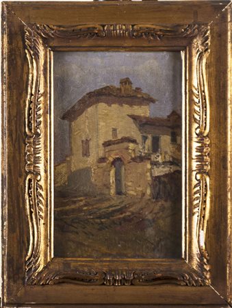 Scuola del sec. XIX 'Scorcio di cascina' olio su tavola (cm 22x14). In...