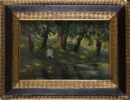 'Figure in un parco' olio su cartone (cm 24x35) firmato e datato 1920 in...