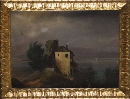 Scuola del sec. XIX 'Cascina in riva al lago' olio su carta (cm 25x36). In...