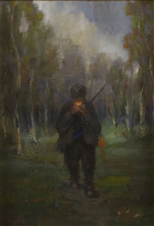 "Cacciatore nel bosco" olio su tela (cm 37,5x27) firmato in basso a sinistra....