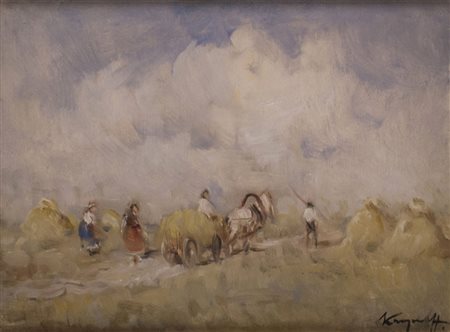 'Strada di campagna con carro e contadini' olio su tela (cm 30x40) firmato in...