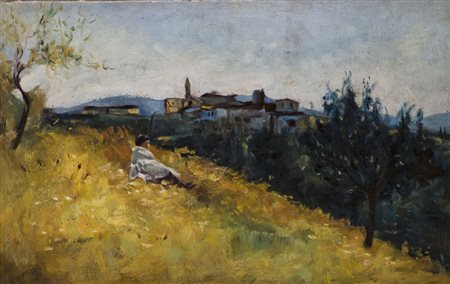 Scuola inizio sec. XX 'Il riposo' olio su tela (cm 28x44,5) In cornice School...