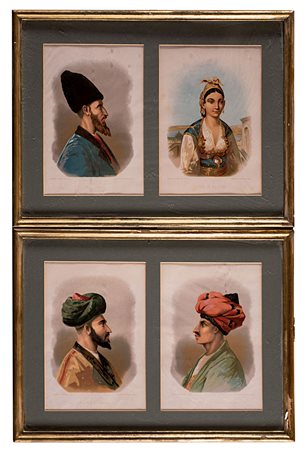 Gruppo di quattro litografie a colori raffiguranti costumi arabi. Francia...