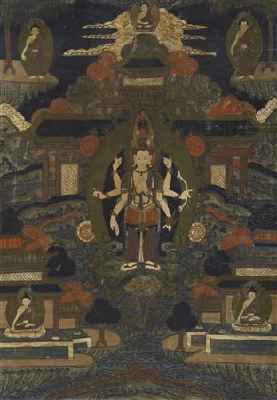 Thangka raffigurante Avalokitesvera con undici teste e numerose braccia, il...