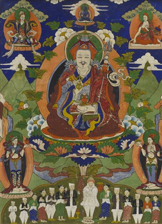 Thangka raffigurante una divinità al centro, circondato da quattro immortali...