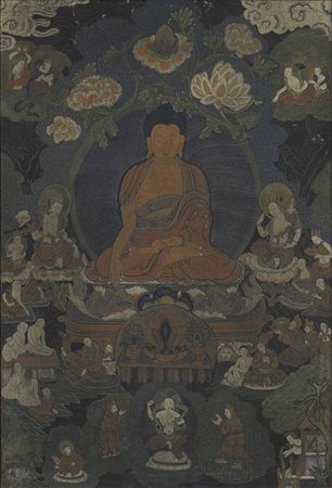 Thangka raffigurante un Buddha centrale seduto a gambe incrociate, le mani in...