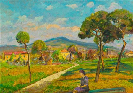 Nello Giovannelli (Livorno 1922 - 1996) CAMPAGNA TOSCANA Olio su faesite, cm....