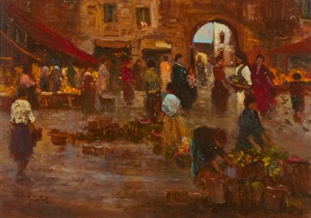 Enrico Frattini ( 1890 - 1968) MERCATO PAESANO Olio su tavola, cm. 50x70...