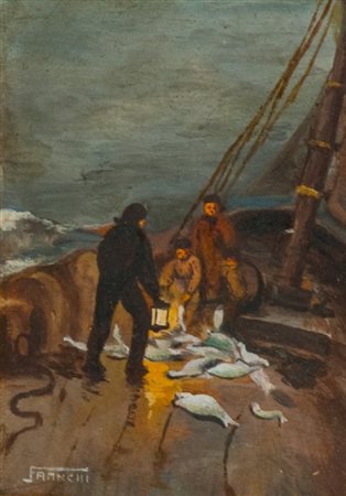 Guido Franchi (Livorno 1897 - 1972) PESCATORI IN BARCA Olio su tavola, cm....