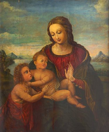 PITTORE ANONIMO "Madonna con Bambino e San Giovannino" 68x56 olio su tavola...