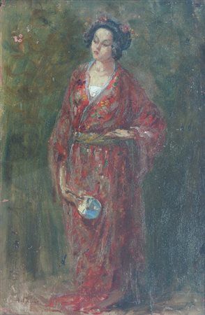 PITTORE NON IDENTIFICATO "Geisha" 47x31 olio su tavola di compensato Firma...