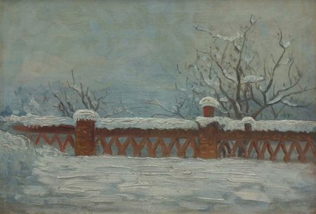 BERTOLA MARIO Torino 1880 - 1926 "Neve a Reaglie" 1905 22x32 olio su...