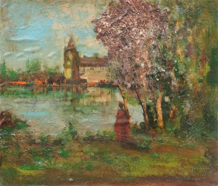 GACHET MARIO Torino 1879 - 1981 "Paesaggio campestre con figura" 19x22 olio...