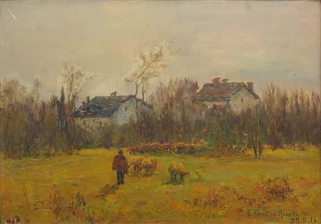 FERRETTINI ROSSOTTI EMILIA Torino 1866 - 1950 "Al pascolo" 1916 31x44,5 olio...