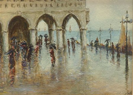 STRATTA CARLO Torino 1852 - 1936 "Acqua alta a Venezia" 16,5x22,5 olio su...