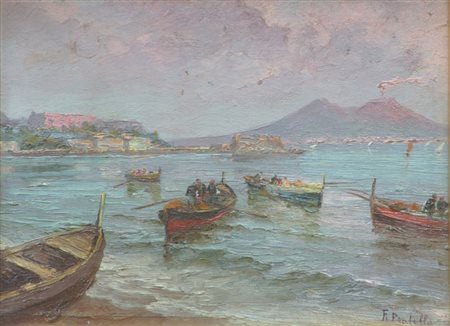 PRATELLA FAUSTO Napoli 1888 - 1964 "Barche di pescatori" 17,5x23,5 olio su...