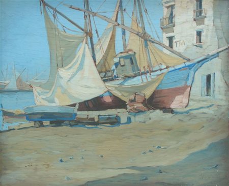 GIANNACCINI ILIO I 1897-1968 "Barche in spiaggia" 40x48 olio su tavola Opera...