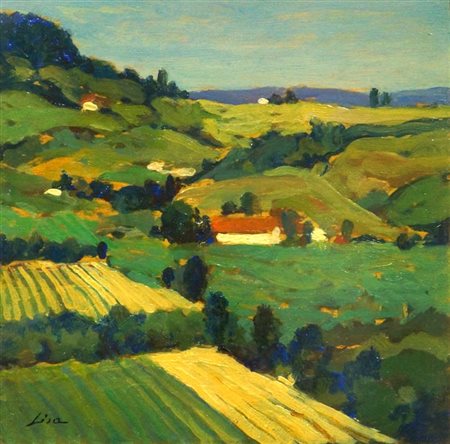 LISA MARIO Torino 1908 - 1992 "Paesaggio di campagna" 11,5x11,5 olio su...