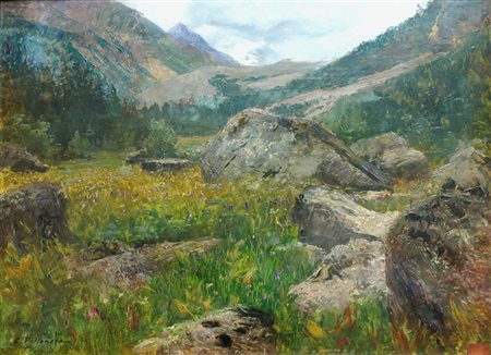 POLLONERA CARLO Egitto 1849 - 1923 Torino "Val Veny (Courmayeur)" 34x47 olio...