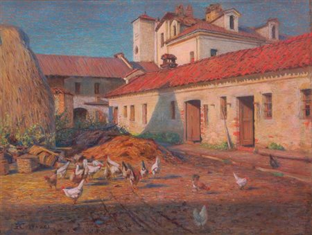 CORTAZZI GIACOMO Odessa 1870 - 1943 Carpi "Galline nell'aia" 47x62 pastelli...