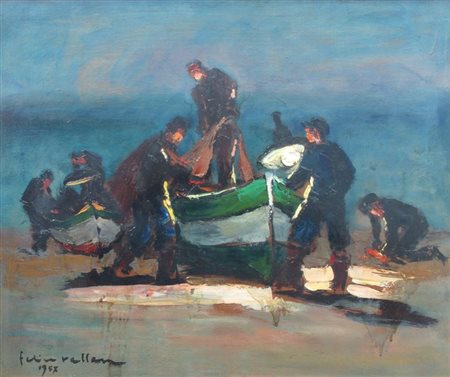 VELLAN FELICE Torino 1889 - 1976 "La lampara a Monterosso" 1957 50x60 olio su...