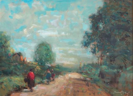 ZOLLA VENANZIO GB 1880 - 1961 Torino "Strada di campagna con figure" 45x60...