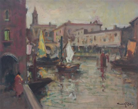 ZOLLA VENANZIO GB 1880 - 1961 Torino "Canale veneziano" 40x50 olio su cartone...