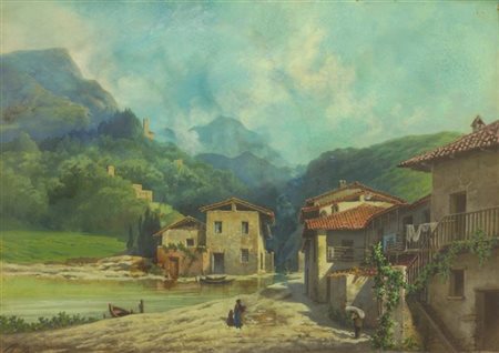 FONTANA ROBERTO Milano 1844 - 1907 "Borgo montano lungo un torrente" 25x35...