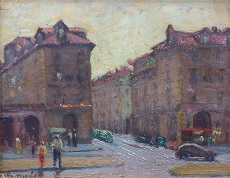 MERLO METELLO Milano 1886 - 1964 Torino "Mattino in via Po" 14x18 olio su...