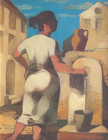 RUIZ-PIPO MANOLO Spagna 1929 - 1998 "Donna alla fontana" 1988 35x27 olio su...